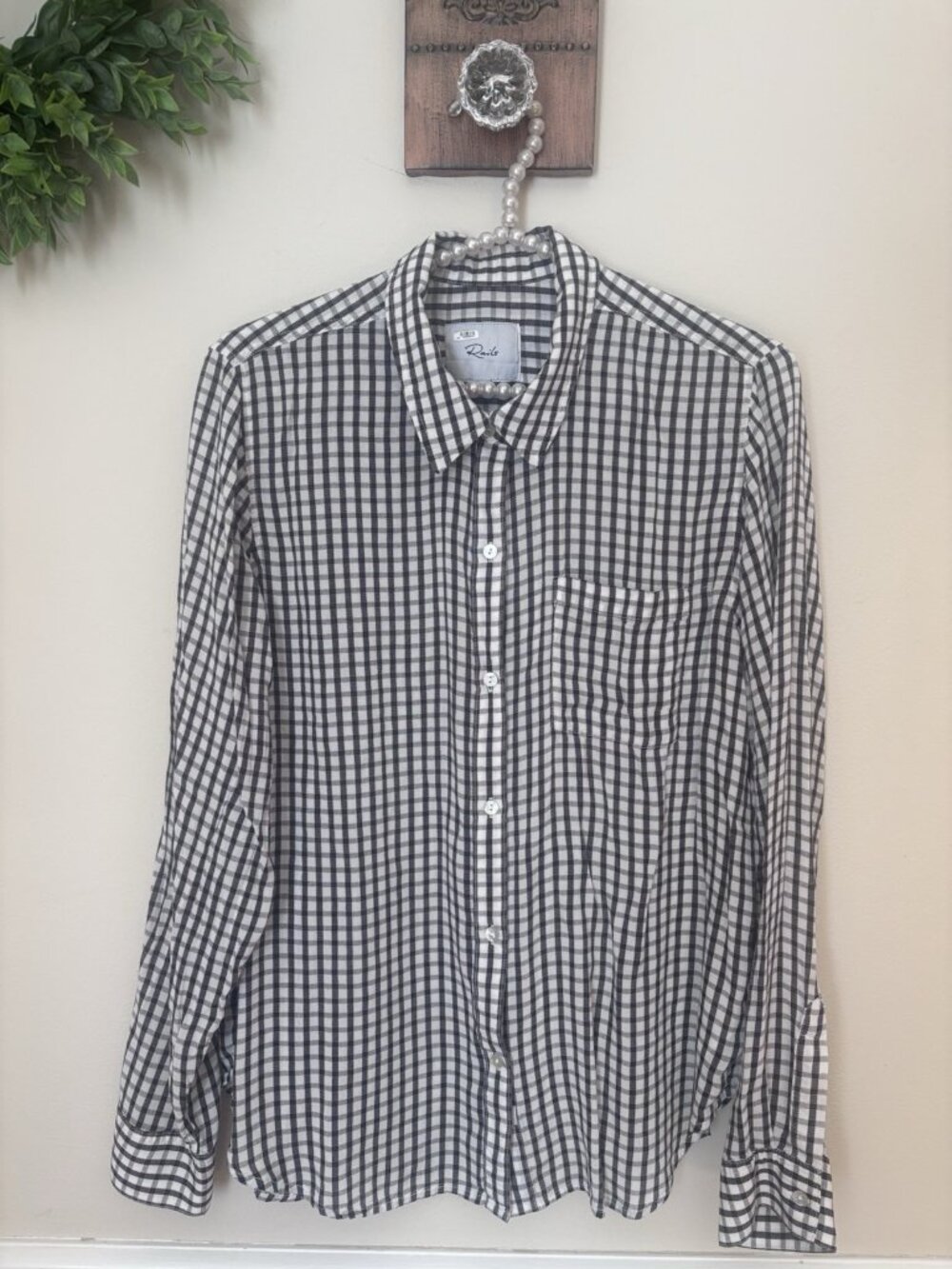 Rails Womens Size M Black White Check Blouse Long Sleeve Button Front